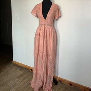 IJOAH Peach Lace Embroidered Deep Plunge Maxi Dress Boho Coastal Cowgirl